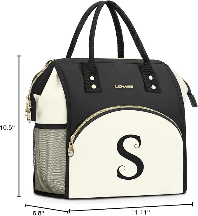 Personalized Lunch Box for Women, Initial Reusable Insulated Lunch Bag, Wide-Open Adult Lunchbox Cooler Lunchbag, Initial Leakproof Lunch Tote Bag for Picnic Work Outdoors Black and White - S