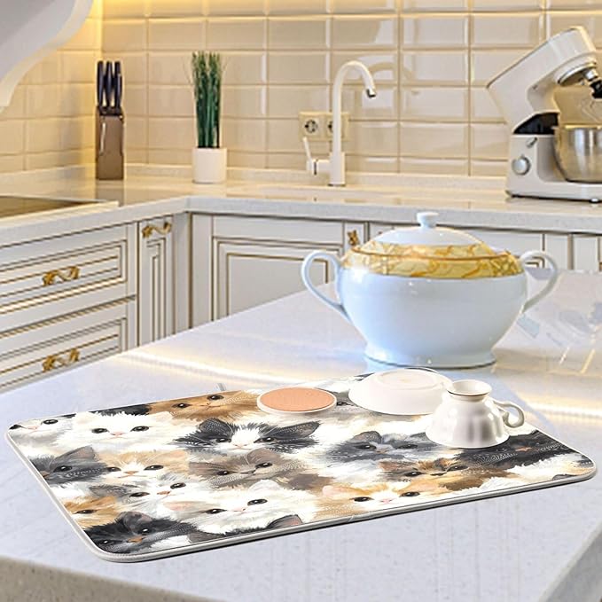 Cat Faces Pattern Dish Drying Mat for Kitchen Counter Super Absorbent Dishes Pad Reversible Microfiber Protector Dish Draining Mats 18x24 inch