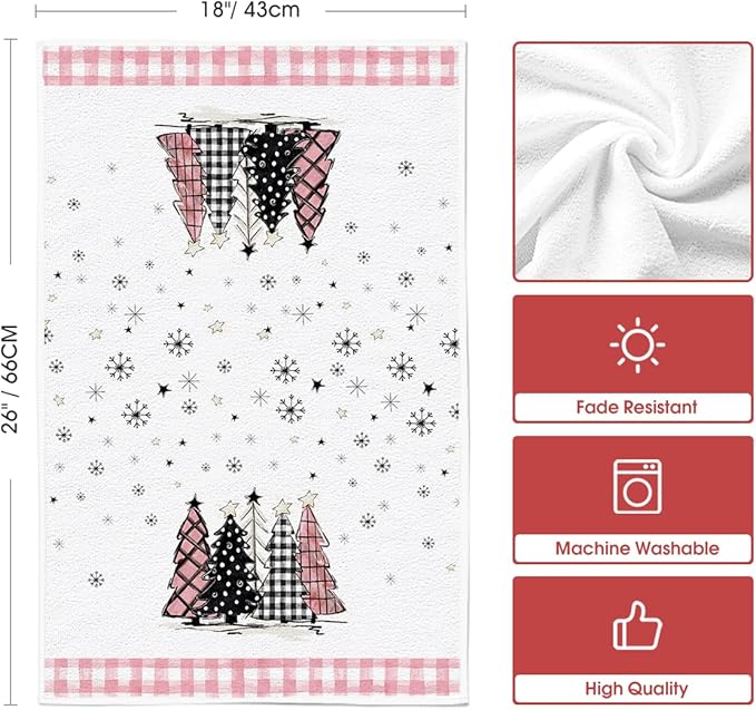 Artoid Mode Pink Buffalo Plaid Xmas Tree Merry Christmas Kitchen Towels Dish Towels, 18x26 Inch Winter Snowflakes Decoration Hand Towels Set of 2