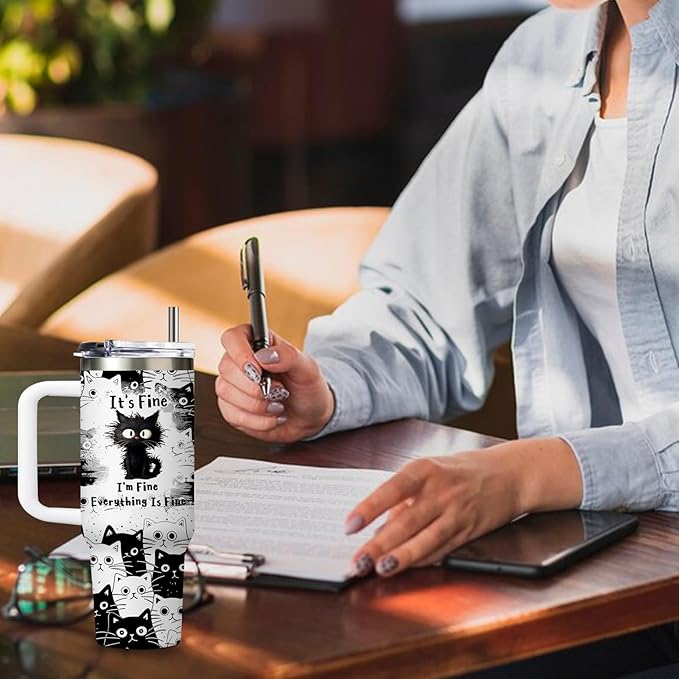Cat Gifts for Women Girls Funny Black Cat Cup Tumbler with Handle 30oz Everything Is Fine Cats Themed Insulated Travel Coffee Mugs Cool Gifts for Cats Lovers Mom Christmas Birthday Present