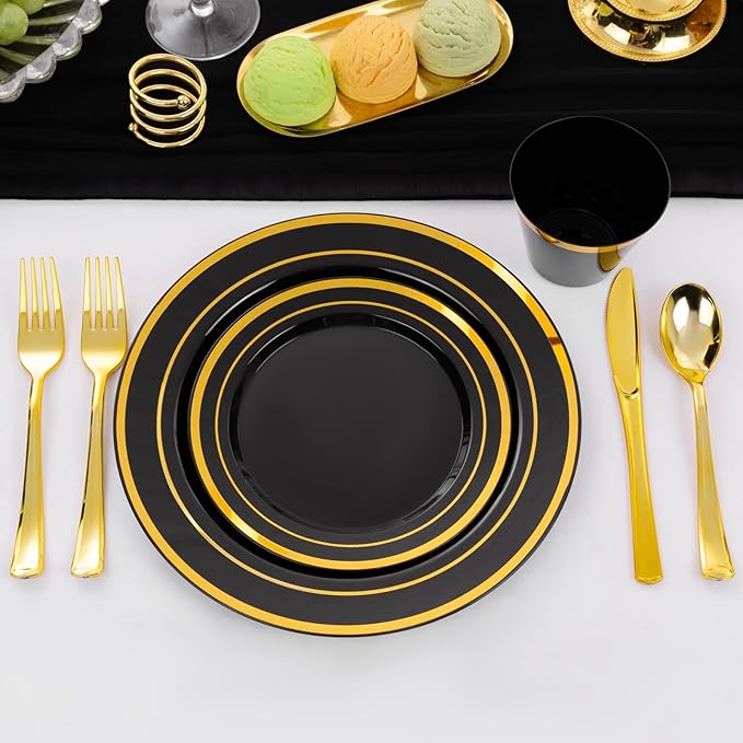 WELLIFE 450 PCS Black and Gold Disposable Dinnerware Set for 75 Guests, Plastic Plates for Party, Gold rimmed Dinner Salad Plates,Cups,Silverware Set for Halloween Party and Celebration