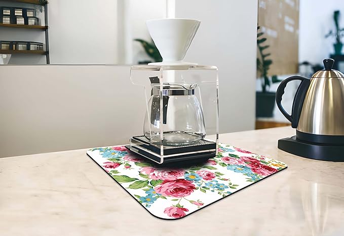 Rubber Dish Drying Mat for Kitchen Counter Large Pink Red Roses Floral Washable Quick Home Coffee Pad Fit Under Sink,Bar,Utensils 16x18in