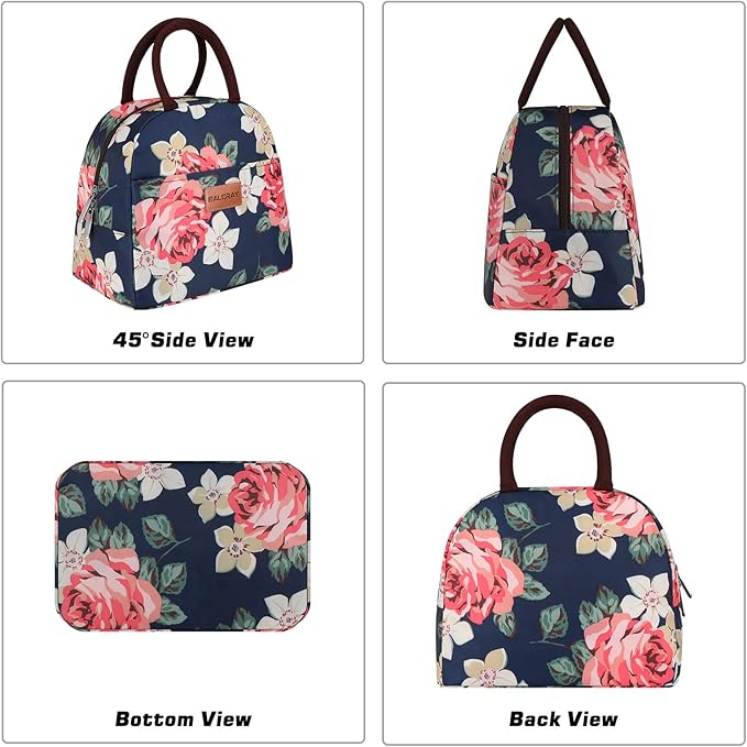 BALORAY Lunch Bag for Women Men Cute Reusable Insulated Lunch Box Large Capacity Lunch Tote Bag for Work, Picnic or Travel(Blue With Big Flower)