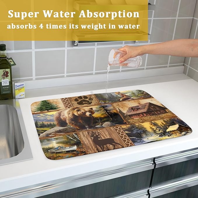 Bear Deer Fox Dish Drying Mat Rustic Cabin Lodge Dish Drainer Mats 18x24 Inch Absorbent Washable Dishes Rack Pad for Sink Kitchen Counter