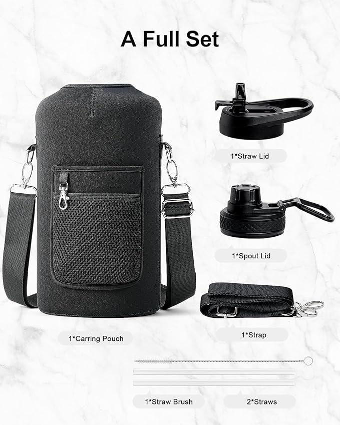 Trebo 128 oz Water Bottle Insulated with Handle, One Gallon Stainless Steel Metal Large Jug, Travel Flask with Straw Spout Lid, Mug Tumbler Cup with Carry Pouch, Keep Cold Hot, Black