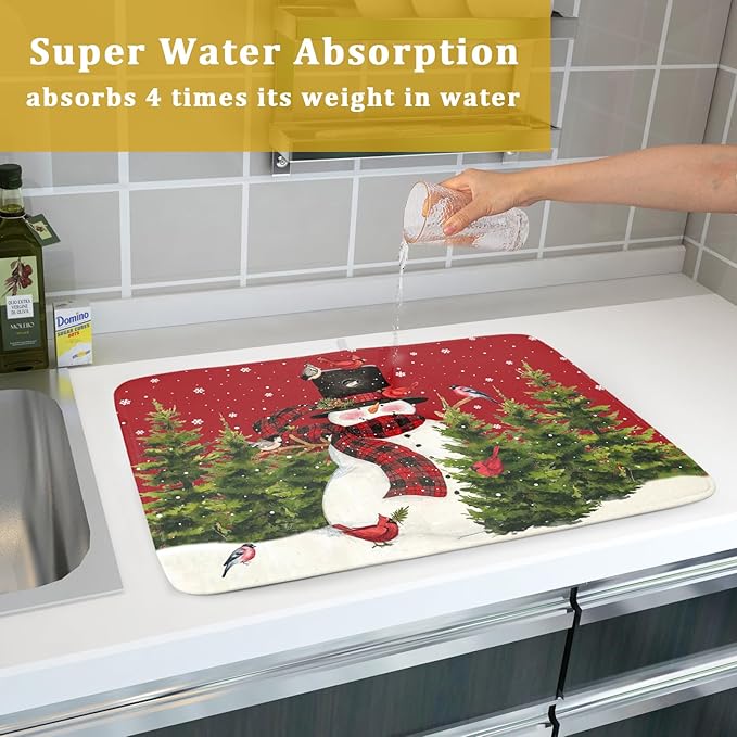 Christmas Tree Snowman Dish Drying Mats for Kitchen Counter 18×24 Inch Bird Snowflake Large Microfiber Drying Mat Kitchen Accessories Dish Rack Mat Drainer Pad Washable Absorbent