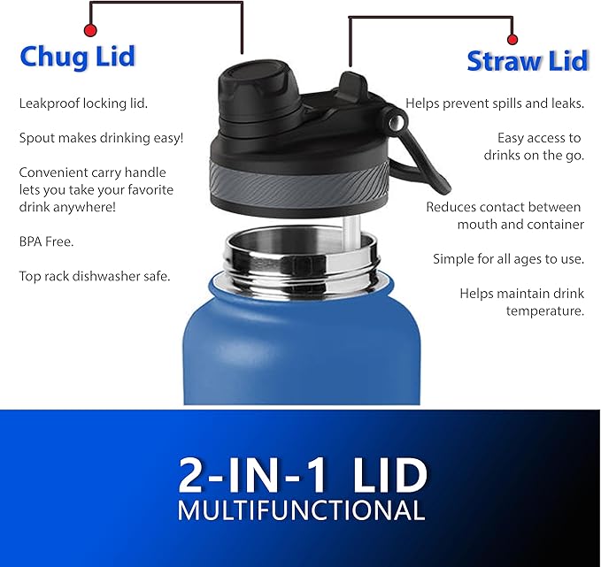 32oz Insulated Water Bottle with Straw & Handle- 24hr Cold/12hr Hot, Leakproof Stainless Steel Metal Bottle for Gym, Travel & Sports