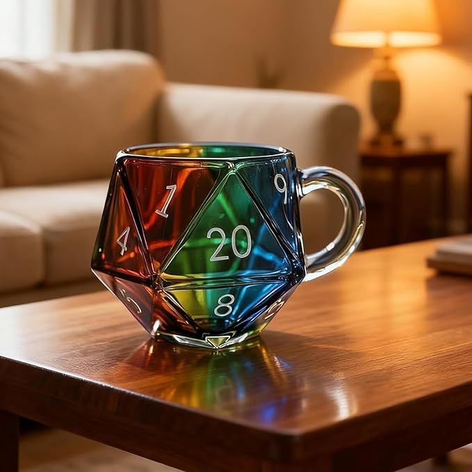 Rainbow D20 Dice Mug with Handle, Polyhedral Dice-Shaped Glass Coffee Cup for RPG Enthusiasts, Transparent Gaming Mug for Fantasy Lovers, Perfect Game Night Gift