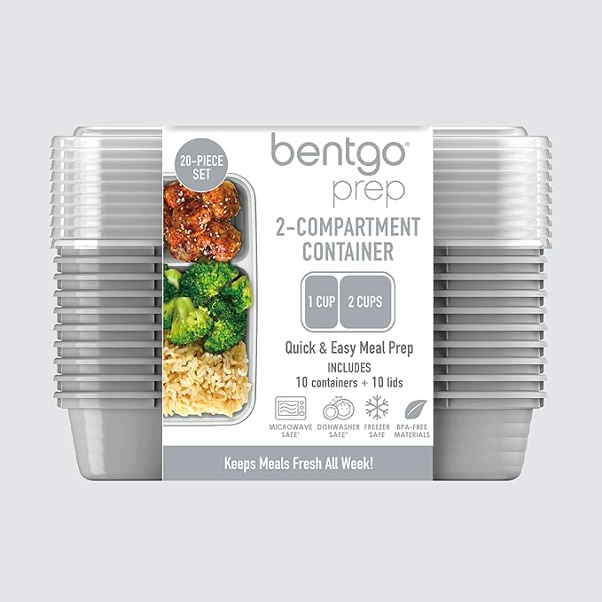Bentgo Prep - 20-Piece 2-Compartment Reusable Meal Prep Containers with Lids, PFAS & BPA Free Materials, Durable, Microwave, Freezer, & Dishwasher Safe To Go Food Storage (Silver)