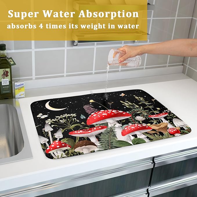 Red Mushroom Dish Drying Mat for Kitchen Counter Plant Leaves Drainer Mats Rack Holder Countertop Absorbent Microfiber Coffee Pads 18x24 Inch