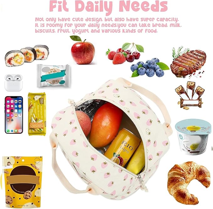 Bluboon Lunch Bag for Women Men Cute Corduroy Lunch Tote Bags Reusable Insulated Lunch Box Large Capacity Reusable Insulated Cooler for Work Picnic or Travel (Beige strawberry)