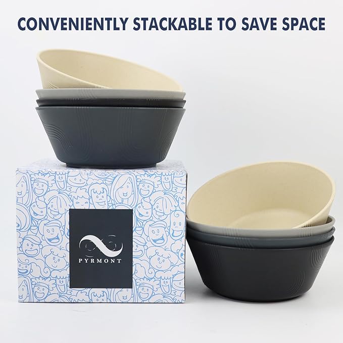 PYRMONT 36 OZ Cereal Bowls - Wheat Straw Sets of 8 Reusable Unbreakable Plastic for Soup, Salad, Rice, Noodles - Microwave & Dishwasher Safe - Black to Grey