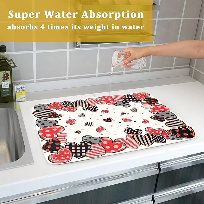 Red Heart Dish Drying Mat 18"x24" Love Dots Microfiber Dish Drainer Rack Mat Holiday Absorbent Fast Dry Pad for Kitchen Counter Home Decor
