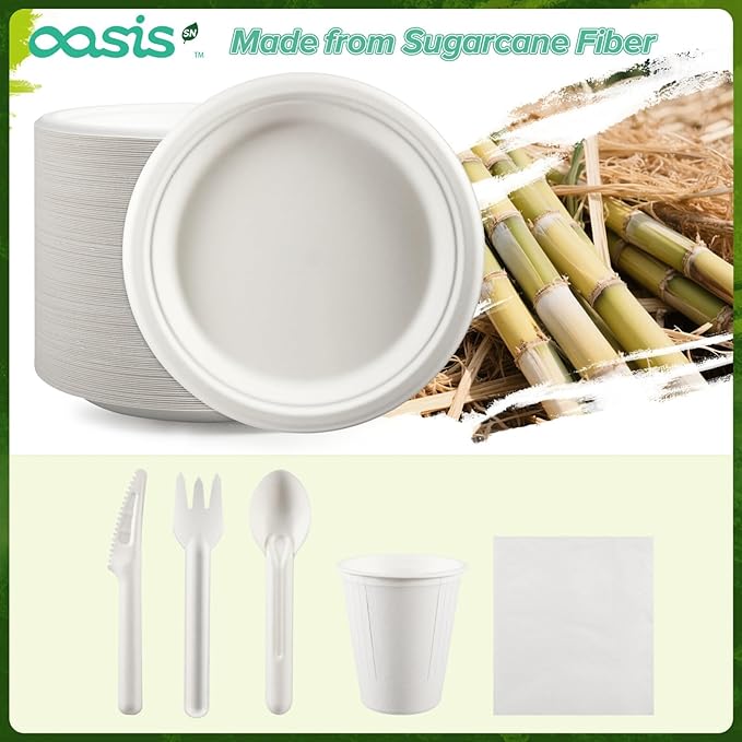 300PCS Disposable Paper Dinnerware Set for 50 Guests, Compostable 50 6“ Dessert Plates, 50 9” Plates, 50 Spoons, 50 Forks, 50 Knives and 50 Napkins, Perfect for Gatherings, Parties (White)