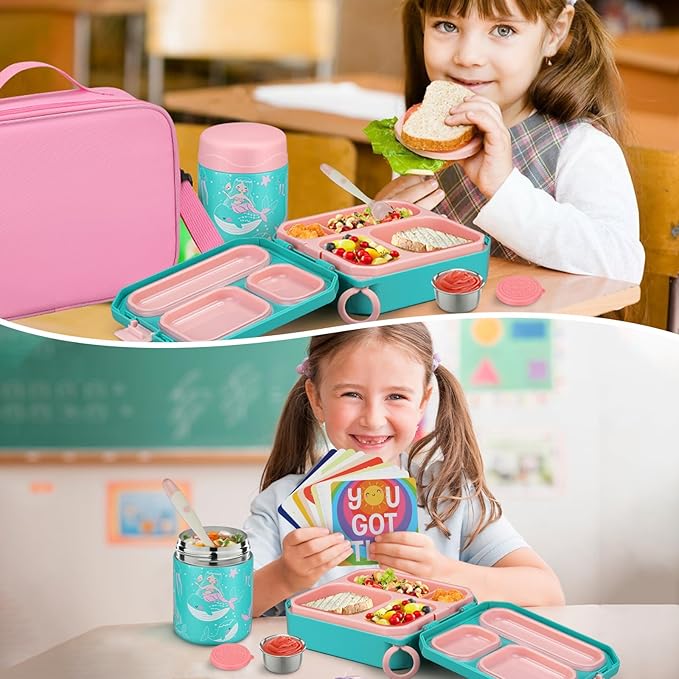Bento Lunch Box for Kids with 12oz Soup Thermo Leak-Proof Lunch Food Container with 5 Compartment Thermo Hot Food Jar and Insulated Lunch Bag for Kid Toddler Girls Boys to School
