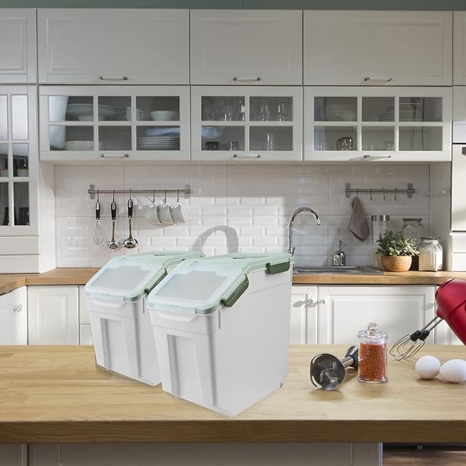 2 Pack Rice Storage Container with Measuring Cup 50 lb Flour Storage Container with Wheels, BPA Free Food Storage Container Dog Cat Food Bin Set for Dry Food Sugar, Cereal(Green)