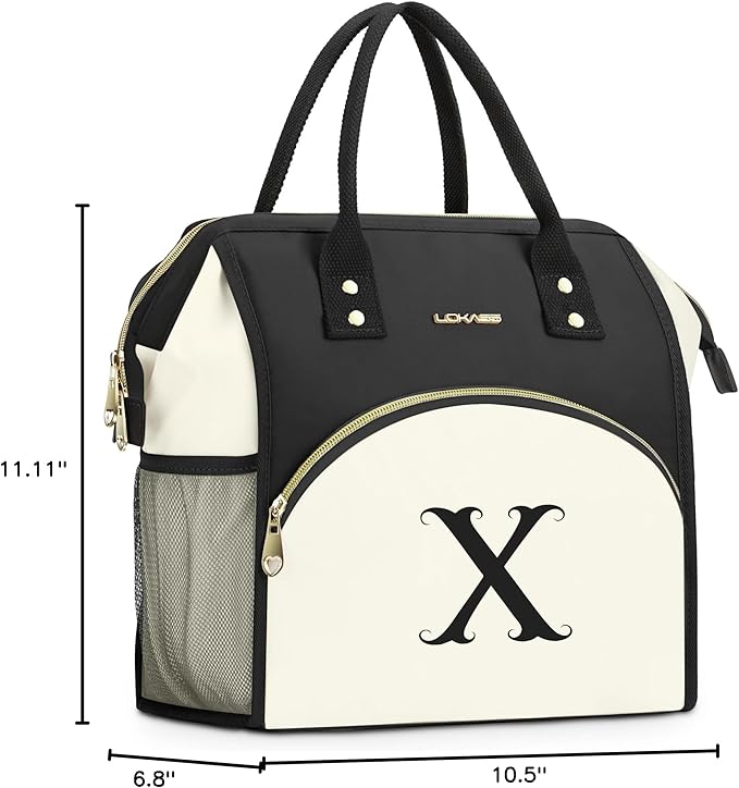 Personalized Insulated Lunch Box for Women, Initial Reusable Lunch Bag, Wide-Open Adult Lunchbox Cooler Lunchbag, Initial Leakproof Lunch Tote Bag for Picnic Work Outdoors Black and White