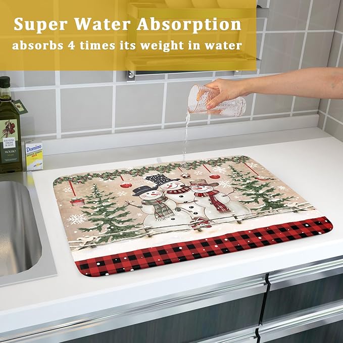Winter Snowman Dish Drying Mat 18x24 Inch Red Buffalo Plaid Holiday Dish Drainer Mat Absorbent Dish Rack Pad for Kitchen Counter Sink Decor