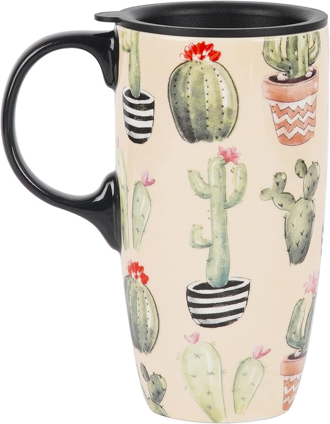 Topadorn Ceramic Mugs Porcelain Latte Tea Cup Coffee Mug with Lid and Handle Coffee Cup,17oz. Cactus