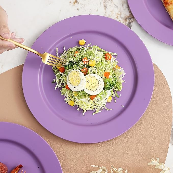 Berglander Plastic Plates Set of 8 Pieces 10", Purple Reusable Flat Dinner Plates, Salad Plates, Pasta Bowls, Dishes Set Easy to Carry for Home, Garden, Picnic, Camping, Outdoor