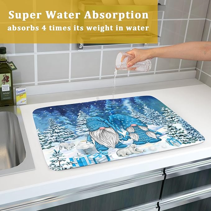 Winter Blue Gnome Dish Drying Mat for Kitchen Counter Pine Tree Microfiber Dish Pad Absorbent Reversible Fast Dry Draining Mats 18x24 Inch