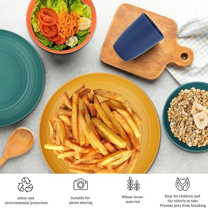 Premium Wheat Straw Dinnerware Sets for 4,Dishwasher & Microwave Safe Plates and Bowls Sets 20-Piece, Unbreakable and Lightweight Bowls for RV,Camping and Picnic,Kitchen Essentials - Multi color