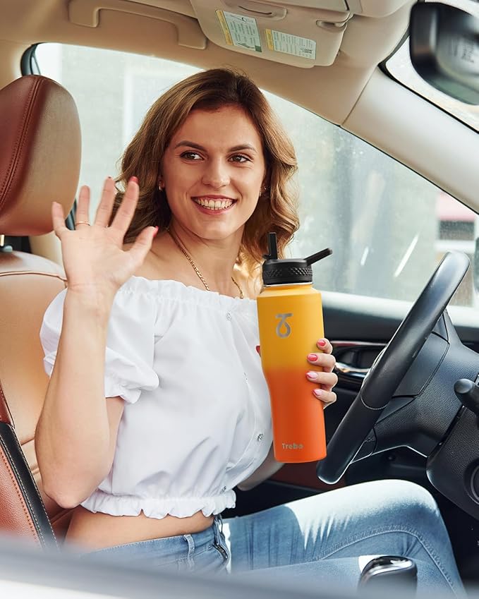 Trebo 32oz Insulated Water Bottle that Fits in Cup Holder, Stainless Steel Bottles Tumbler Double Wall Metal with Straw Spout Lids,Travel Flask with Paracord Handle, Sweat Proof Keep Cold &Hot,Orange