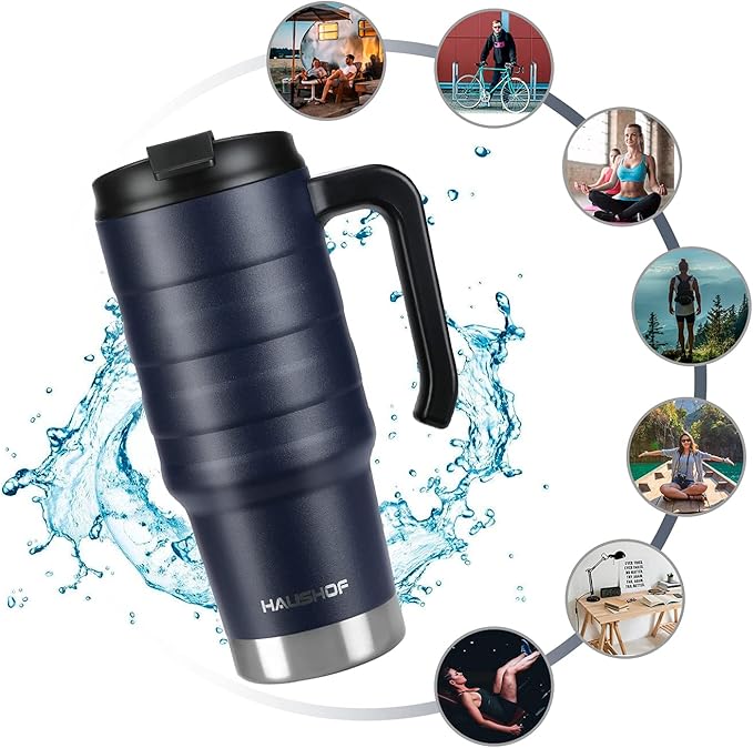HAUSHOF 24 oz Travel Mug, Stainless Double Wall Vacuum Insulated Tumbler with Handle & Spill Proof Twist On Flip Lid and Wide Mouth, BPA Free (Navy Blue)