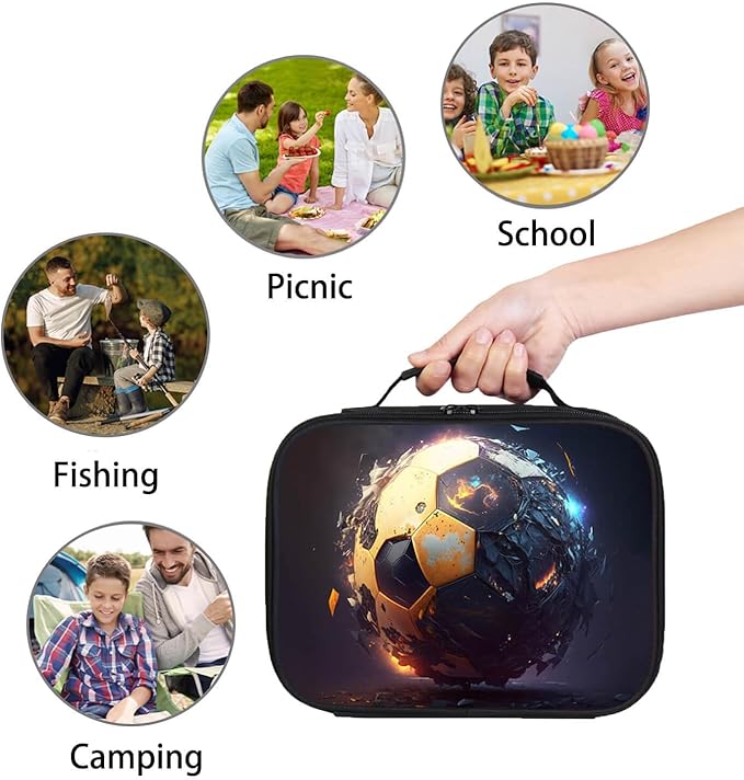 Soccer Lunch Box for Boys and Girls, Elementary Kids Lunch Box, School Lunch Bags for Kids, Polyester, PEVA Thermal Insulation Lining, Top Handle, Leak Resistant