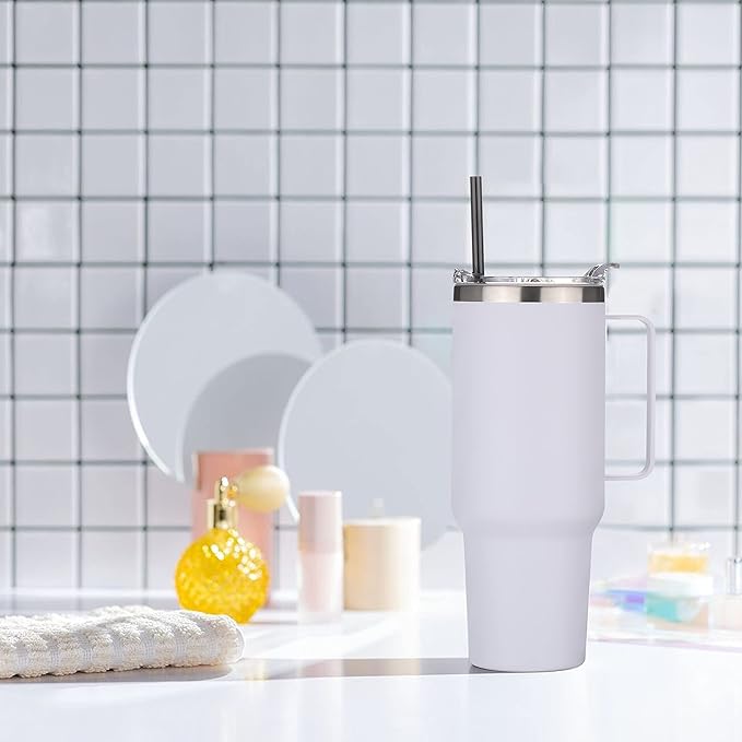 HASLE OUTFITTERS 40 oz Stainless Steel Tumbler with Handle, Vacuum Insulated Tumblers Bulk, Reusable Double Wall Travel Coffee Mug, Durable Powder Coated Water Bottle(White, 1)