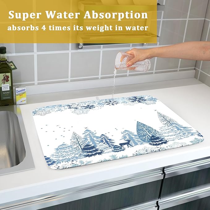 Winter Blue Snowflake Dish Drying Mat Christmas Tree Kitchen Counter Dish Drainer Mats Xmas Forest Deer Moose Dish Dry Pad Bottles Protector for Kitchen Countertop Coffee Bar, 18x24 inch Large