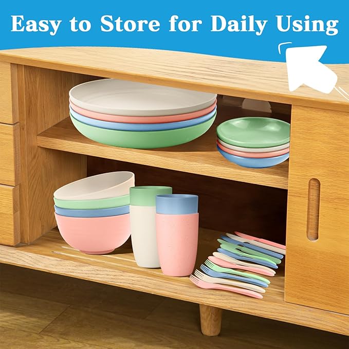 Wrova wheat straw bowls,plates,cups and cutlery sets 28 pcs - Unbreakable Dishwasher Safe dinnerware sets service for 4 - Ideal dish sets for kitchen, camping, indoors and out doors.Nordic