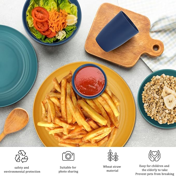 Wheat Straw Dinnerware Sets for 4,Dishwasher & Microwave Safe Plates and Bowls Sets 16 PCS,Unbreakable Dish Sets for Kitchen,Camping and Outdoor, Dinner Plate,Sauce Dish,Cereal Bowl,Cups- Multi color