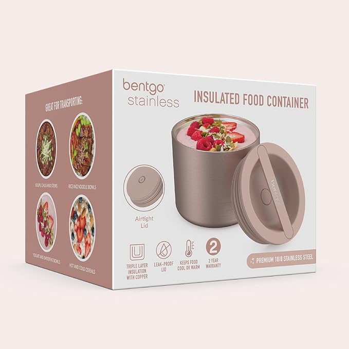 Bentgo Stainless Insulated Food Container - 2.4 Cups (19 oz), Triple-Layer Insulation, Vacuum Seal, Leak-Proof, Built-In Handle, Wide Opening, Premium Stainless Steel, for Cool/Warm Foods (Rose Gold)