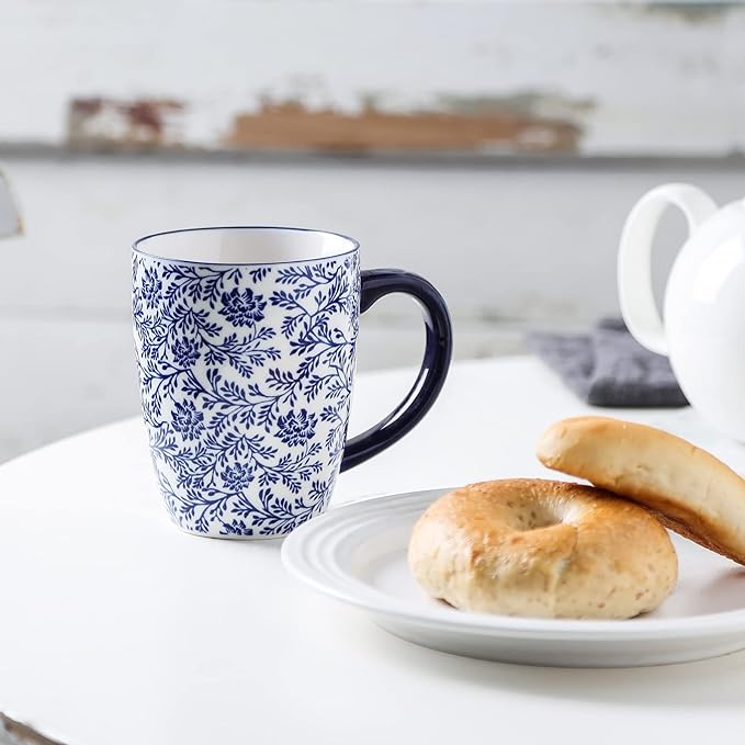 Selamica 16 oz Porcelain Coffee Mugs Set, Ceramic Tea Cup with Handle, dishwasher, oven, microwave safe, Pack of 6, Vintage Blue