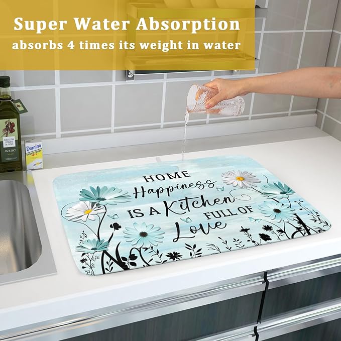 Blue Daisy Dish Drying Mat 18x24 Inch Love Kitchen Absorbent Microfiber Washable Fast Drying Pad Dishes Rack Mat for Kitchen Counter