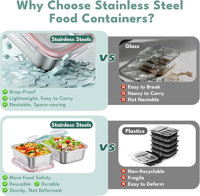 8 PCS Food Storage Containers with Lids Airtight, Stainless Steel Containers Set for Kitchen Storage, Meal Prep, Lunch Containers, Microwave/Dishwasher Safe (41oz & 24oz)