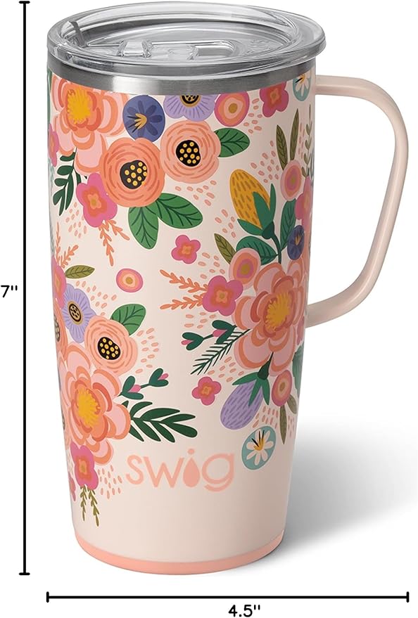 Swig Life 22oz Travel Mug, Insulated Tumbler with Handle and Lid, Cup Holder Friendly, Dishwasher Safe, Stainless Steel, Floral Mug, Flower Tumbler, Mothers Day Gifts for Mom (Full Bloom)