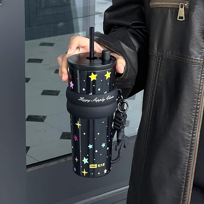 24 oz Stainless Steel Tumbler with Lid and Straw, Insulated Water Bottle Leak Proof for Hot and Cold, Portable Travel Coffee Mug, Reusable Coffee Cup for Women, Black Star