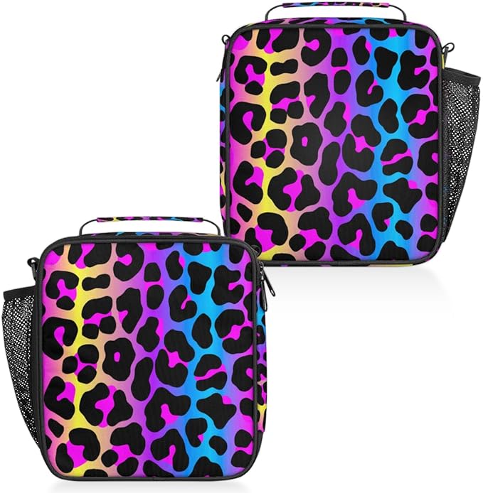 Rainbow Cheetah Leopard Print Lunch Bag Box for Kids Boys Girls Insulated Lunch Tote Bag with Adjustable Shoulder Strap Reusable Waterproof Thermal Cooler Bag for School Work Picnic Women Men