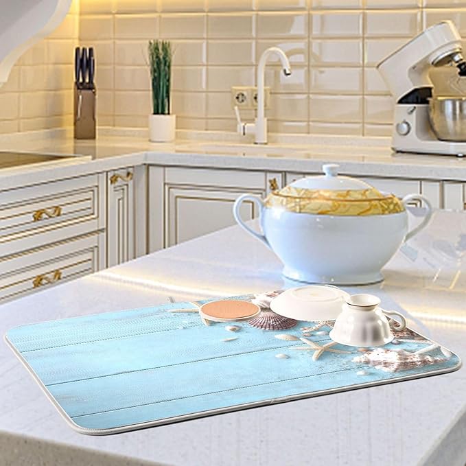 Blue Wooden Seashells and Starfish Dish Drying Mat for Kitchen Counter Super Absorbent Dishes Pad Reversible Microfiber Protector Dish Draining Mats 18x24 inch