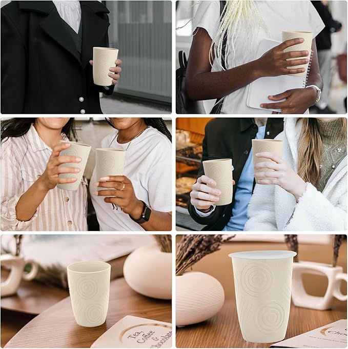 Wrova Wheat Straw Cups with Silicone Covers 16oz Set of 6 - Alternative Plastic Cups Microwave & Dishwasher Safe - Plastic Drinking Cups Unbreakable for Kids - Beige