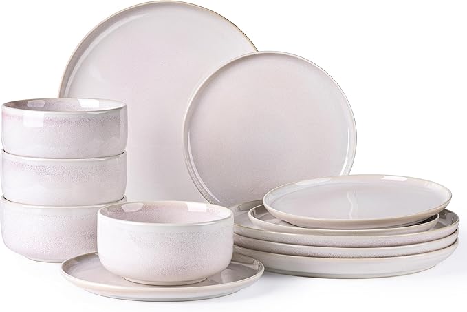 TheTerra Ceramic Dinnerware Sets for 4, 12 Pieces Handmade Reactive Glaze Plates and Bowls Set, Scratch Resistant Dish Set, Oven & Microwave & Dishwasher Safe, Primrose Pink