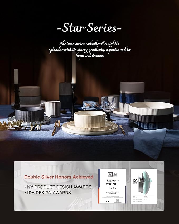 Famiware Star Plates and Bowls Sets, Modern Stoneware Dinnerware Sets for 6, 18-Piece Kitchen Dish Set - Chip and Scratch Resistant, Microwave and Dishwasher Safe Tableware, Matte Dark Charcoal