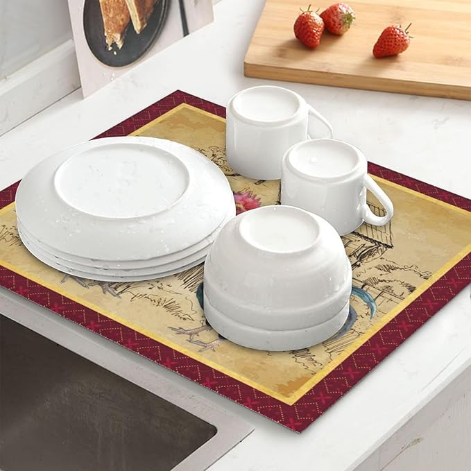 Rooster Farmhouse Rustic Wood Chicken Drying Mat 16x18 Inch For Kitchen Counter Drying Mats Dish For Kitchen Counter Easy Clean Kitchen