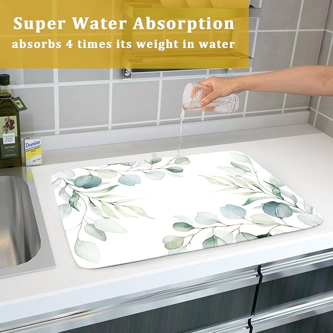 Sage Green Dish Drying Mats for Kitchen Counter Large Drying Mat for Dishes Microfiber Dish Rack Mat Kitchen Decor Spring Leaf Flower Drainer Pad Washable Foldable Ultra Absorbent Dry Mat 18×24 Inch