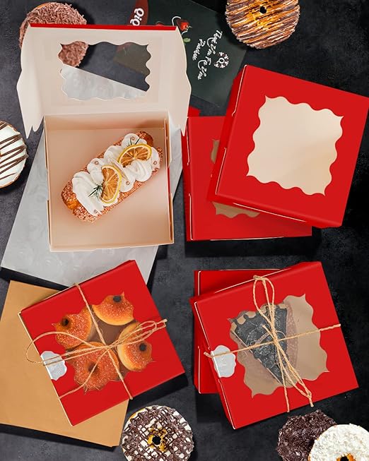 qiqee Red Cookie Boxes with Window 36packs 6x6x3 Red Bakery Box Pastry Box for Wedding Favor Birthday & Party