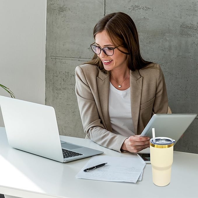 20 oz Tumbler Bulk 12 Pack Stainless Steel Tumblers with Lids and Straws, Double Wall Vacuum Insulated Travel Coffee Mug for Laser Engrave, Powder Coated Cups for Hot and Cold Drinks (Cream,12 pack)