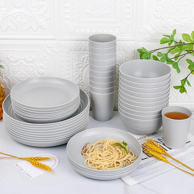 LIYH 48 Pcs Light Grey Plastic Wheat Straw Dinnerware Plates and Bowls Set,Camping Dish Set for 12, Dishwasher Safe Dinnerware Sets, Unbreakable Plates,Camping Dish Sets