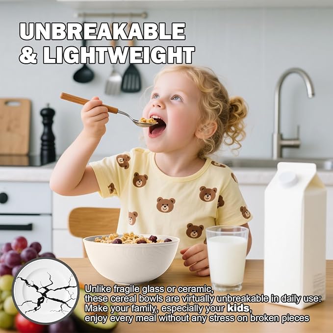 Unbreakable Wheat Straw Kitchen Cereal Bowl 40 OZ, Microwave & Dishwasher Safe Bowls, Alternative Plastic Bowls for Kitchen, Outdoors, RV, Camping, Patio, Set of 6, Beige